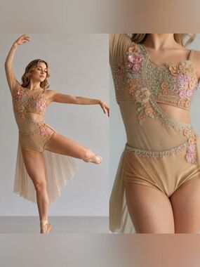 Glamour Solo Dance Costume XLC Nude Illusion Rhinestone Floral 2 Piece Lyrical